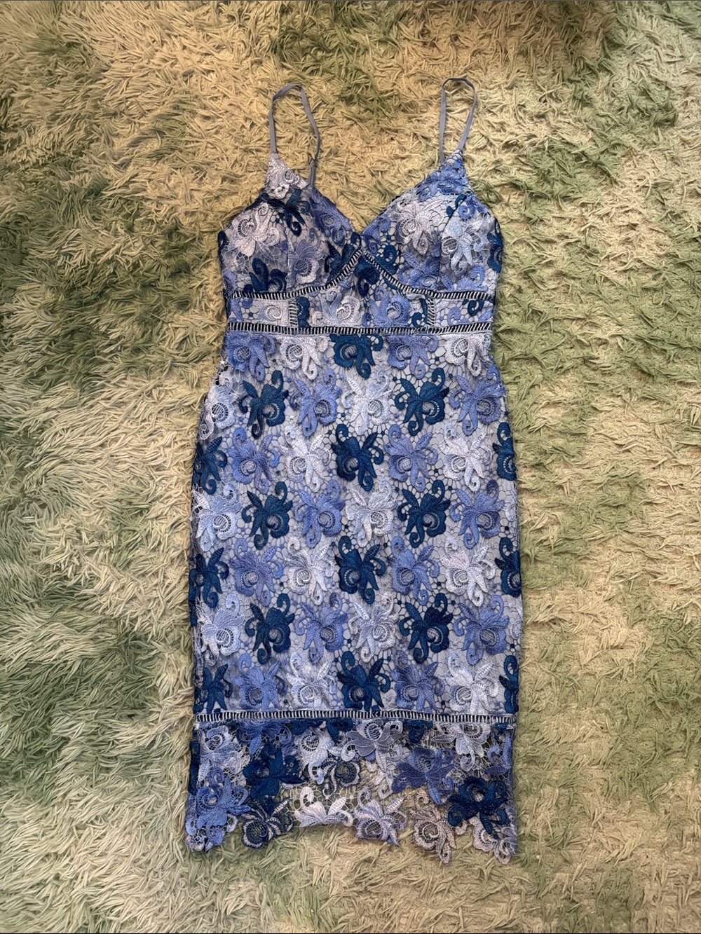 Lulu's Blue Floral Lace Midi Dress with Spaghetti Straps